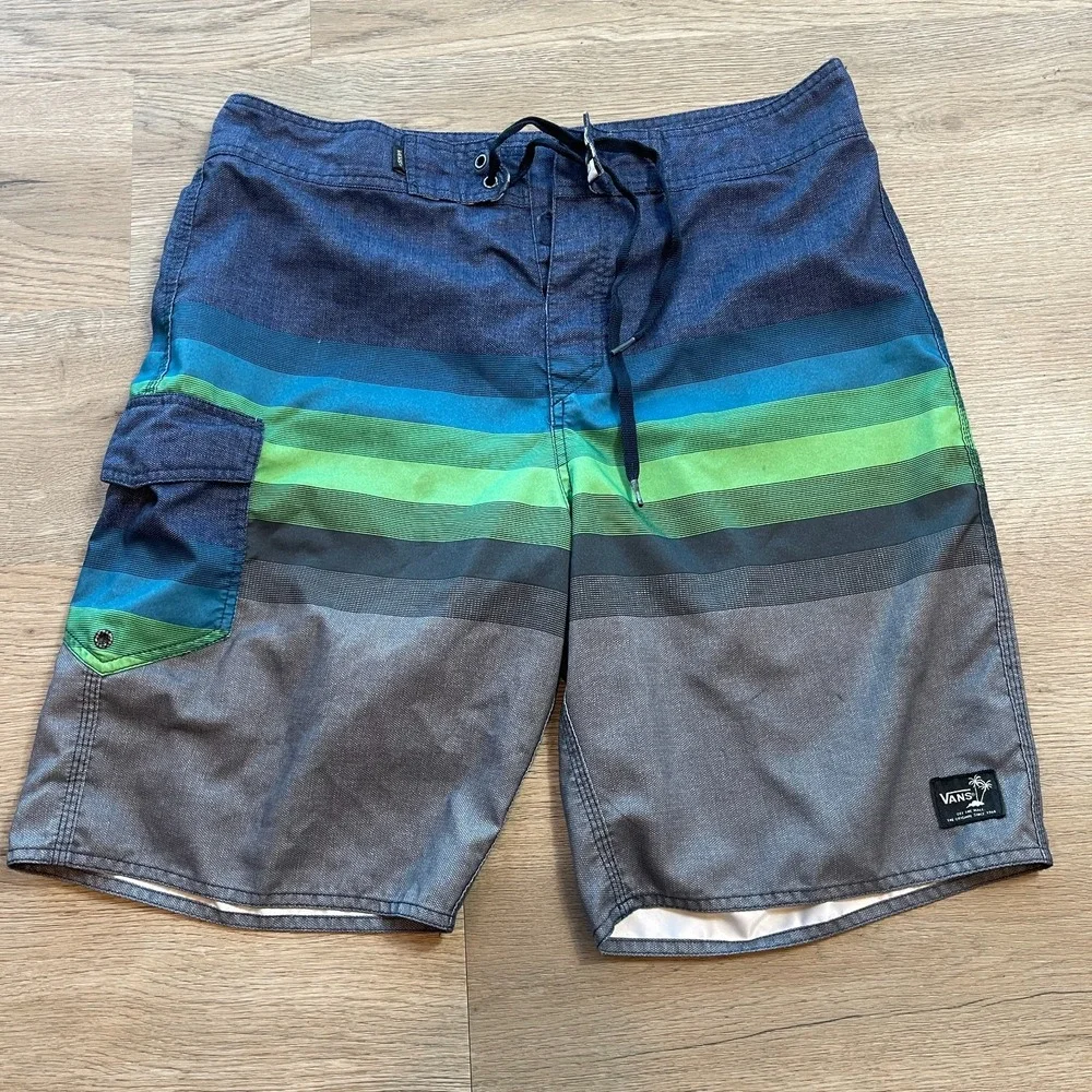 Vans Mens Board Shorts Swim Trunks Striped Blue Green Gray Size 34